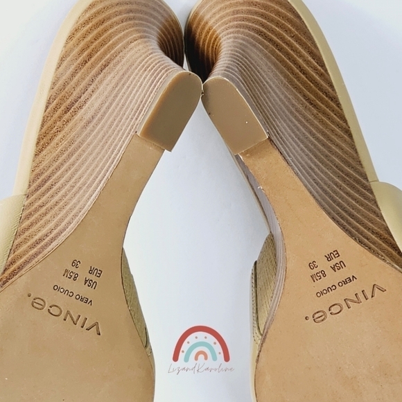 New! Vince Pia Leather Square Toe Stacked Wedge Heel Sandals in Blonde - Picture 10 of 10